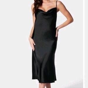Bebe Black Satin Cowl Neck Midi Slip Dress Adjustable Straps Sz XL Formal Sexy
